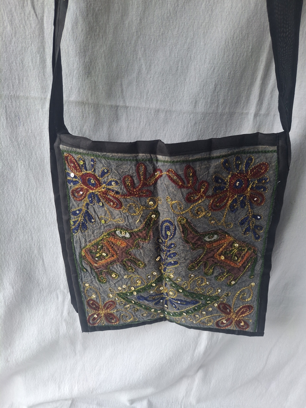 Handmade Embroidered Elephant Crossbody Bag - Black